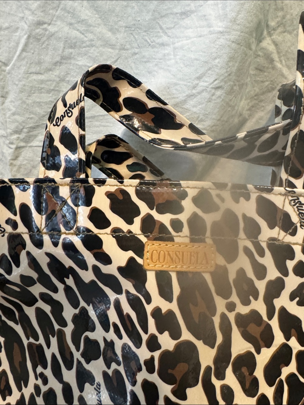 Consuela Leopard-Print Patent Tote in Tan and Black - Picture 2 of 7